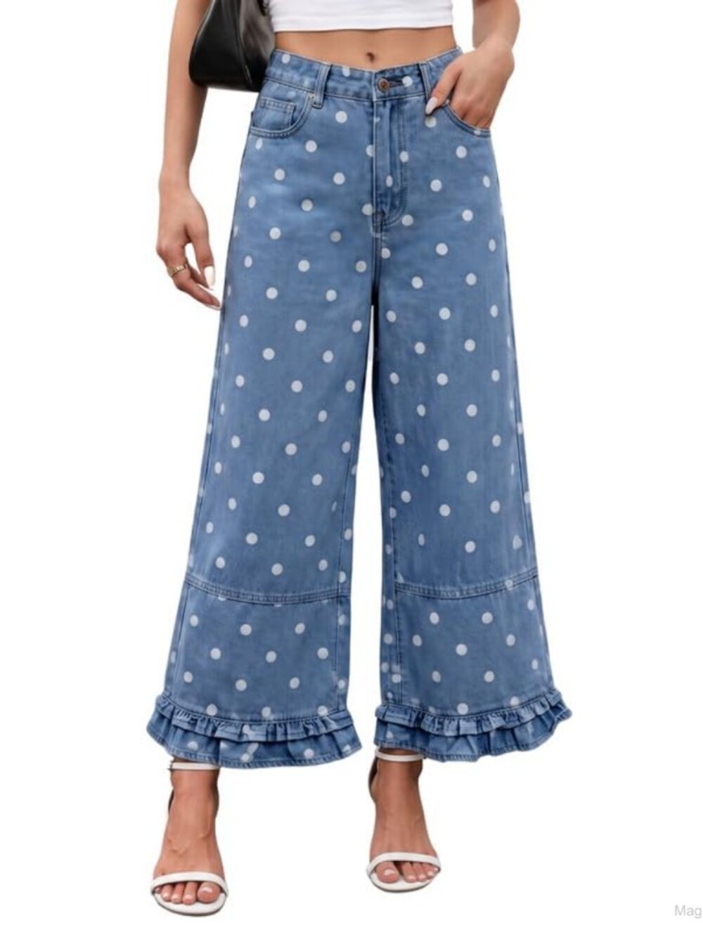 Polka Dot Wide Leg Jeans Ruffle Hem Denim Pants